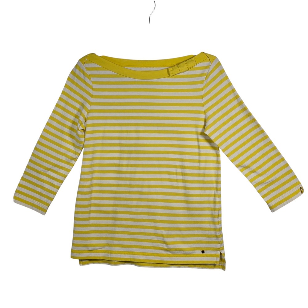 Kate Spade New York Yellow‎ White Striped Boat Neck Bow Top 3/4 Sleeve Medium